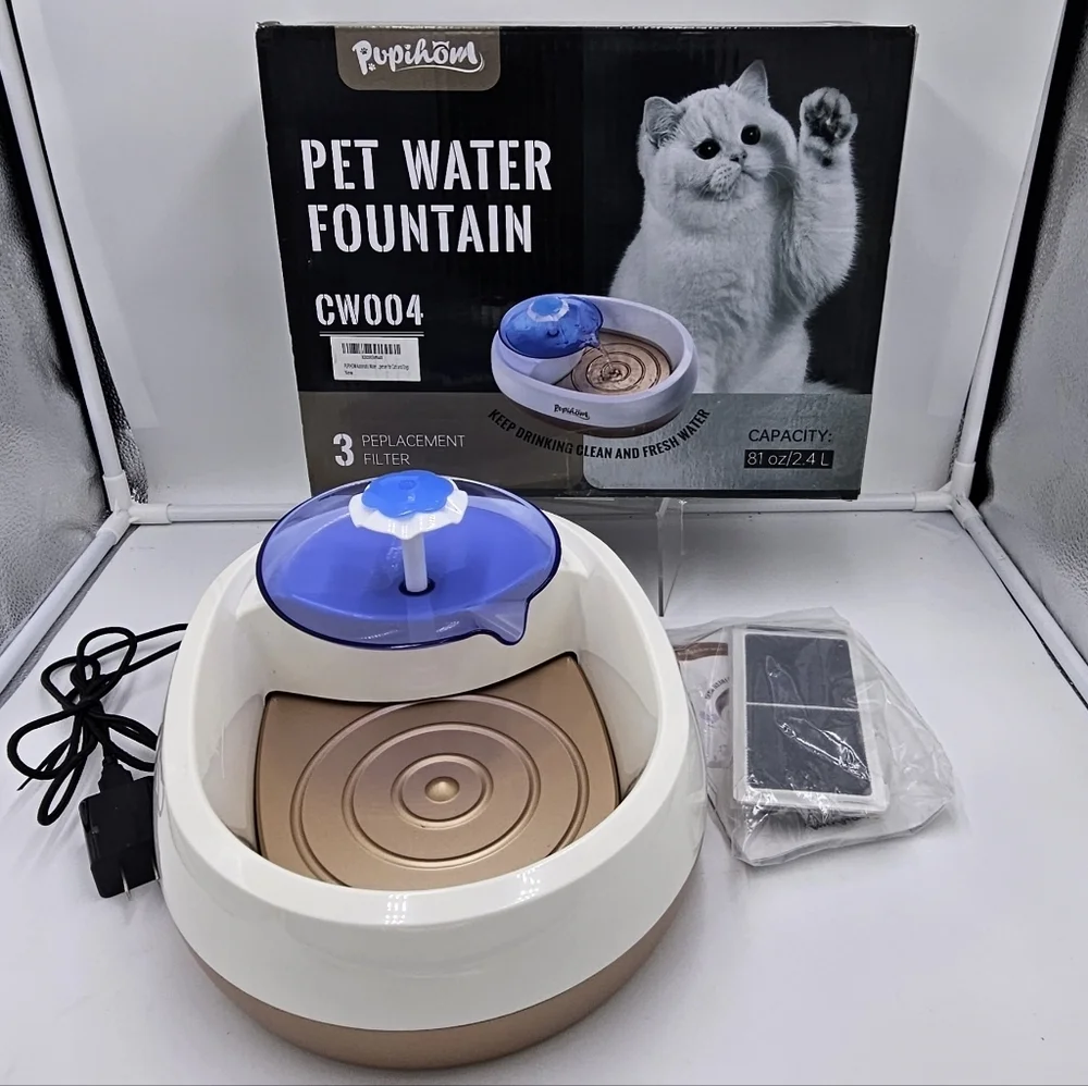 Automatic 2.4L Pet Fountain Water Dispenser No Spill Bowl w/ 3 Washable Filters